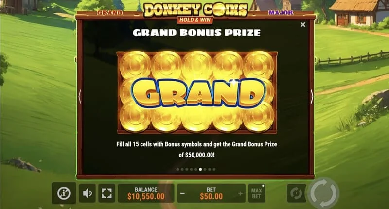 Donkey Coins Hold & Win - zaslon z jackpoti Mini, Minor, Major, Grand