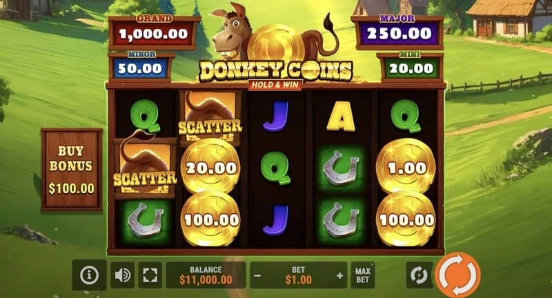 Donkey Coins Hold & Win - glavni zaslon z valji